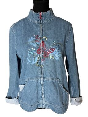 BLAST Vintage Denim Jean Jacket Embroidered Gingham Patchwork Butterfly Small